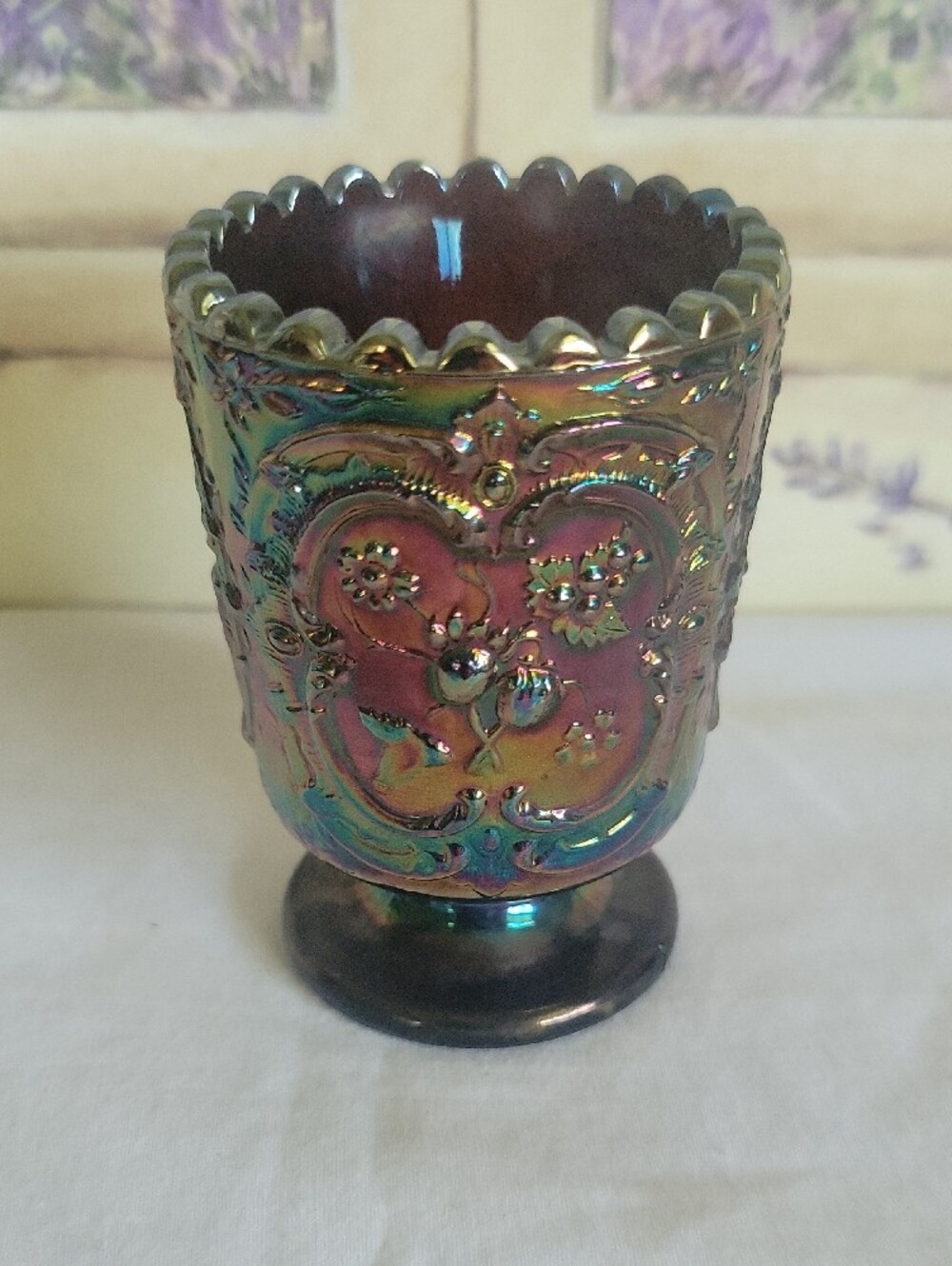 Vintage Fenton Amethyst Carnival Glass Wild Strawberry Toothpick Holder 1970s